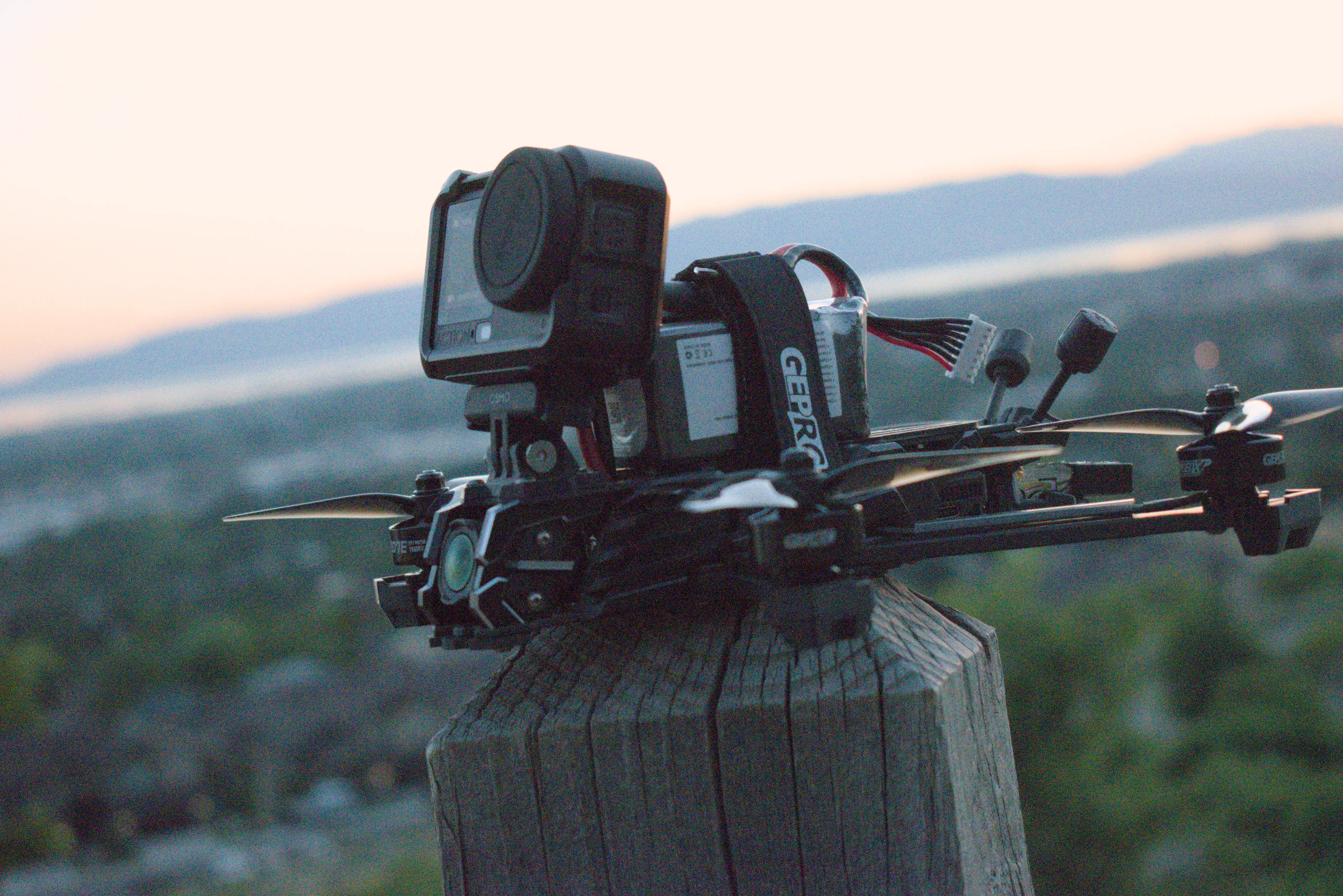 Custom FPV drone at sunset